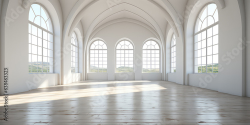 Big Empty room in light colors, big windows, vintage style. Empty banquet hall with a parquet floor. 