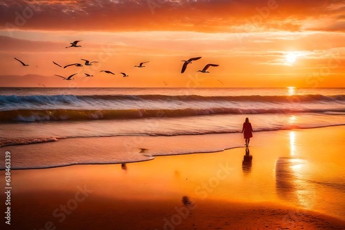 A serene beach at sunrise, with gentle waves crashing against the shore. The golden sunlight paints the sky with vibrant hues of orange and pink.