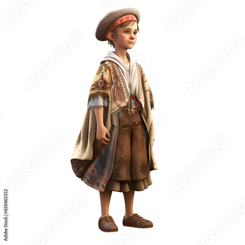 3D digital render of a little boy in a medieval costume isolated on white background