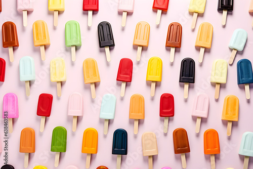 delicious colorful ice cream on the table, ice cream sticks of various flavors
