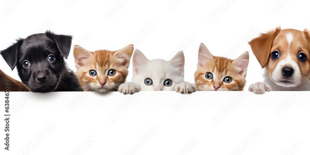 Cute and funny dogs and cats peeking out from behind empty white blank banner with copy space, banner template.