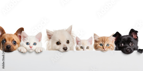 Cute and funny dogs and cats peeking out from behind empty white blank banner with copy space, banner template.