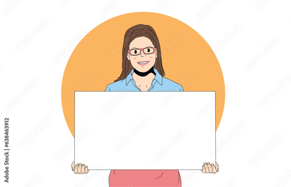concept illustration. illustration of smiling girl holding whiteboard in front of camera