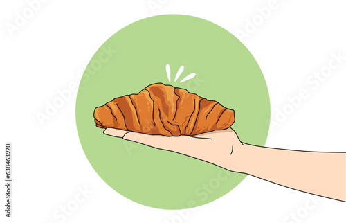concept illustration. close up illustration of a hand holding a very delicious golden croissant to serve