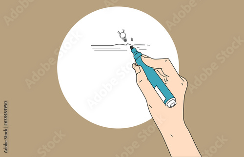 illustration concept. illustration of Hand holding blue marker and writing on white board