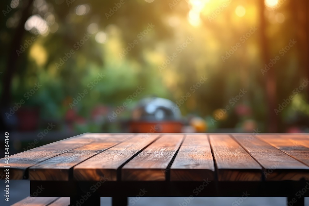 A wooden board in front of a bokeh plant background A wooden board in front of a bokeh plant background
