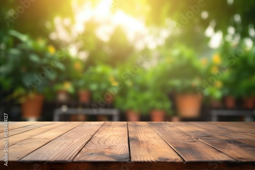 A wooden board in front of a bokeh plant background