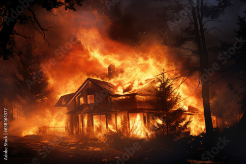 A wooden house is being consumed by fire