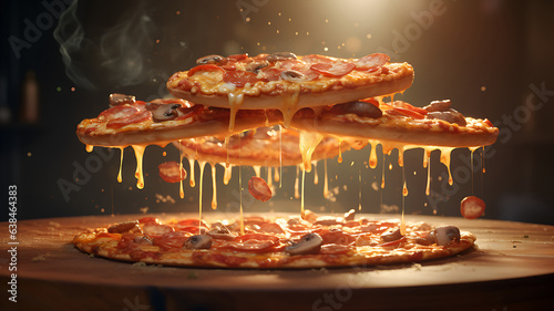 Levitating pizza with melted flowing cheese in beautiful lighting. 