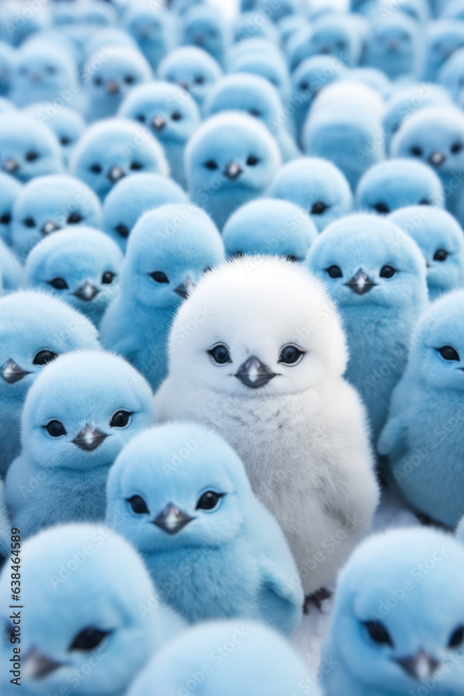 A cute white penguin chick standing among a blue fluffy colony of relatives. Bird Characters.