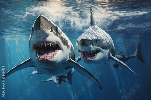 two sharks in the sea cute  trendy  3d rendering  AI generative 