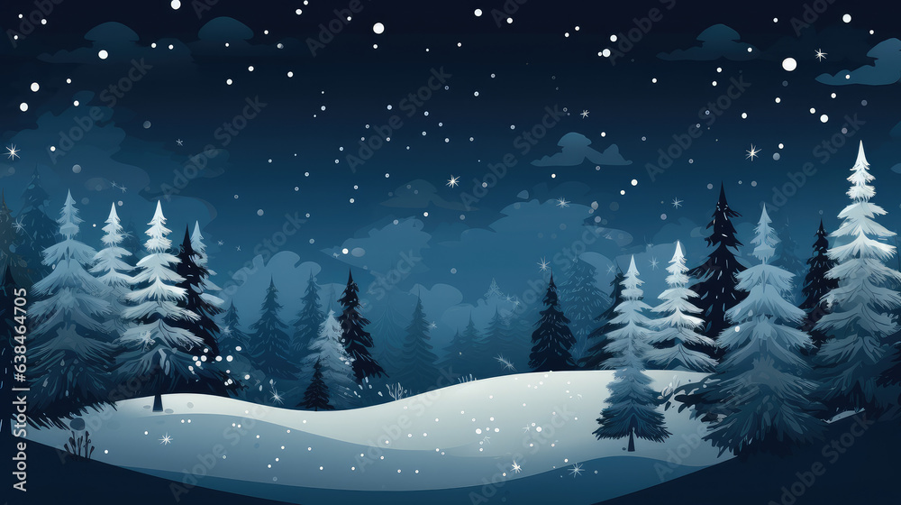 Pine trees and a sky full of stars in the snow outdoors in winter