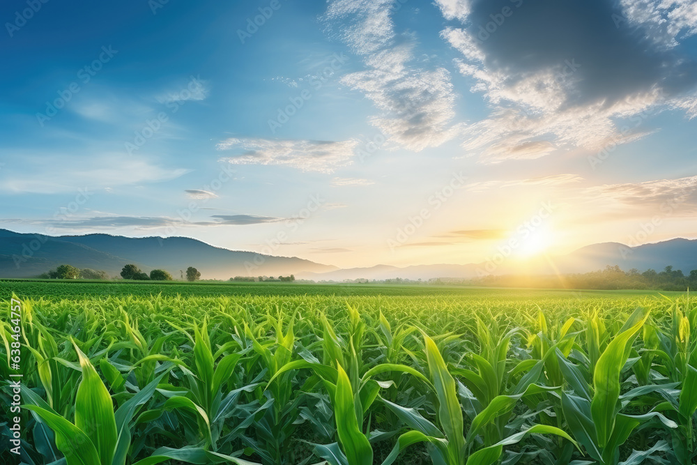 Green farm field at evening sunset