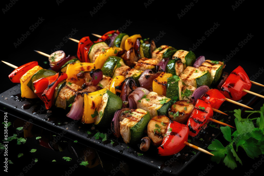 A few skewers of delicious vegetables and meat grilled on a plate