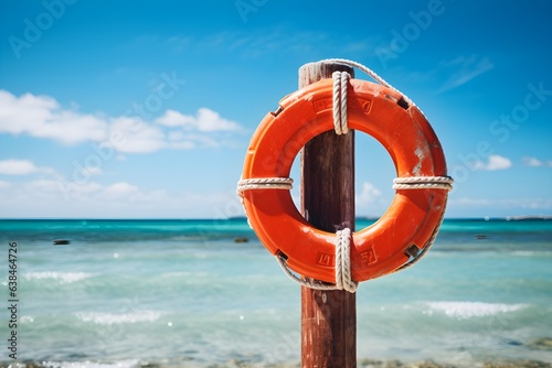 An orange, circular life bouy mounted on a pole at the beach, ready for a lifeguard to use. Beautiful blue sky and sea. Natural light. Generative AI.
