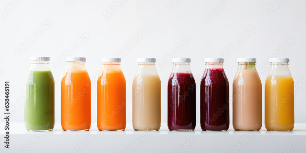 Lineup variety of cold - pressed juice in bottles isolated on white background. Lineup variety of cold - pressed juice in bottles isolated on white background.