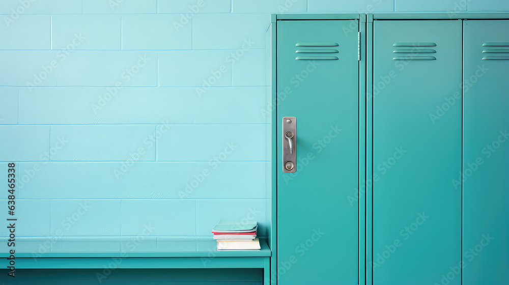 Сloseup of school locker. Minimal style creative wallpaper with many school metal lockers. 