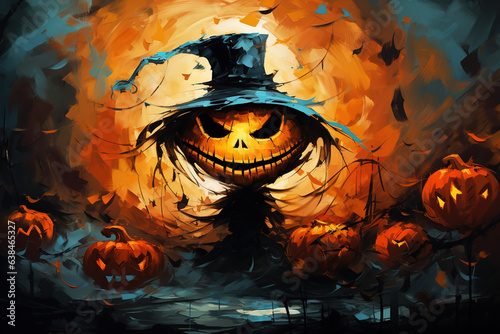 Pumpkin monster. Oil painting greeting card for Halloween. Generative AI photo