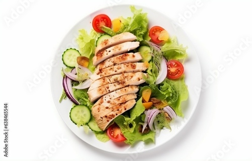 Healthy keto lunch concept Chicken fillet with salad, top view on white background. Generative AI