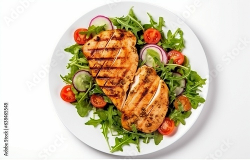 Healthy keto lunch concept Chicken fillet with salad, top view on white background. Generative AI