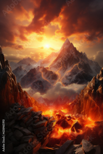 A majestic mountain range covered with a fiery stream.