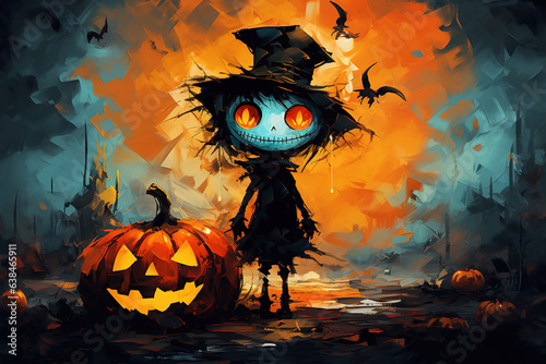 Pumpkin monster. Oil painting greeting card for Halloween. Generative AI photo