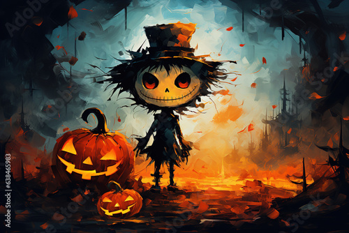 Pumpkin monster. Oil painting greeting card for Halloween. Generative AI photo