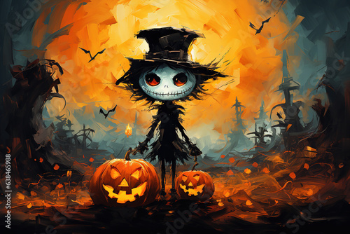 Pumpkin monster. Oil painting greeting card for Halloween. Generative AI photo