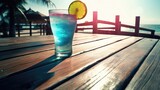 A glass of cocktail is placed on a table by the sea, travel and vacation, AI generated