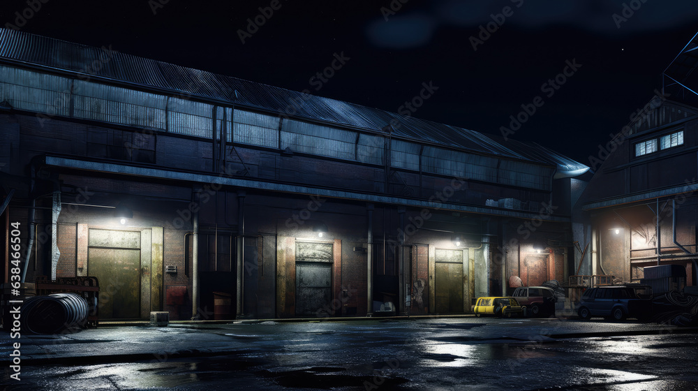 Fototapeta premium Old factory building lights up at night