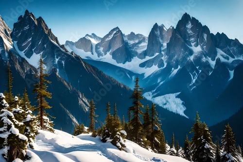 A majestic mountain range  towering against the backdrop of a clear blue sky. Snow-capped peaks stretch as far as the eye can see  their jagged edges creating a dramatic silhouette.