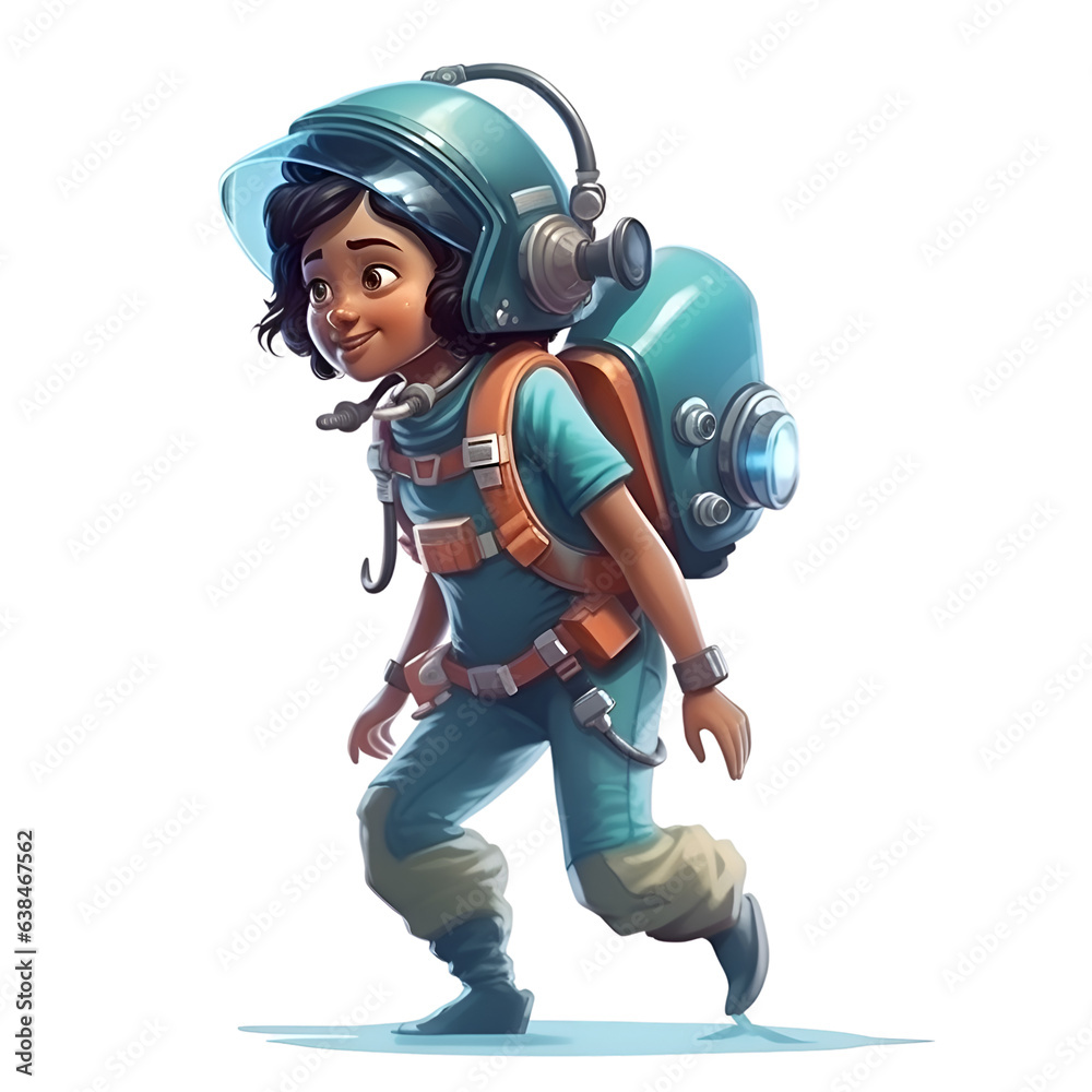 Cartoon illustration of a boy wearing an astronaut helmet with a backpack.