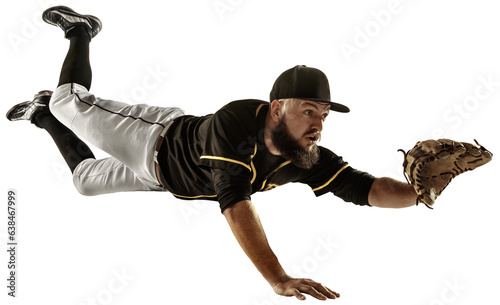 Foto Motivated man, baseball player in motion, catching ball and falling down isolated on transparent background