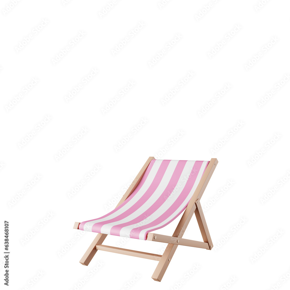 Pink beach chair lies on a green background, 3D rendering.