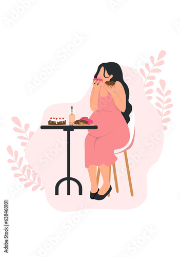 pregnant woman eating sweets on a white background
