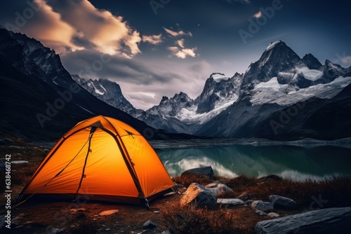 A traveler's tent amid majestic mountains, surrounded by nature; Warm light