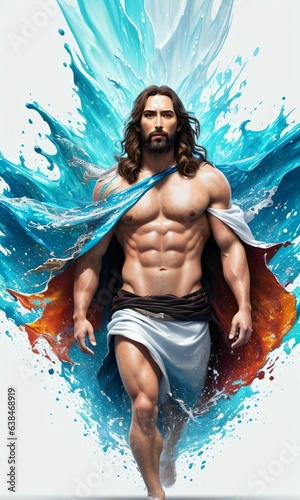 Multicolored illustration of muscular Jesus Christ walking on water with paint splash effect