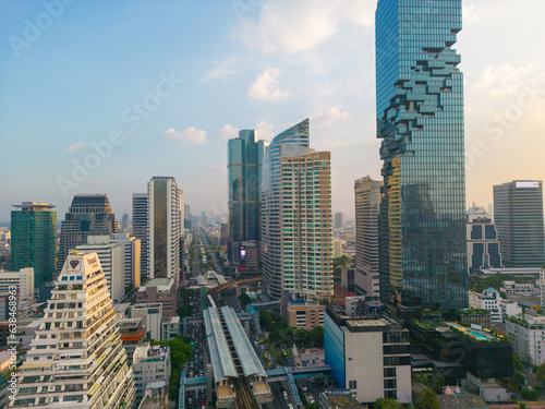 Aerial view city office building with BTS urban train transport sunset sky Silom district © themorningglory