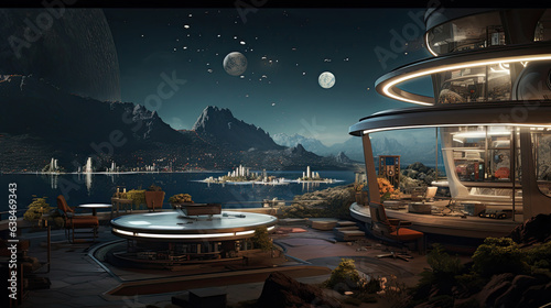 A sci-fi space colony at night, futuristic scenery, alien worlds