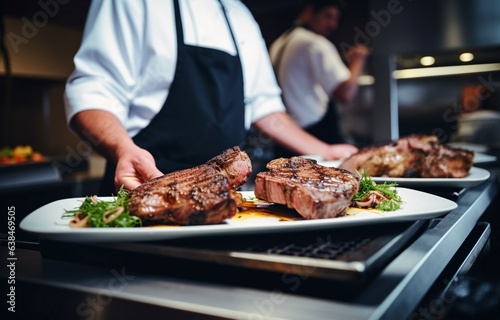 Two chefs in a modern restaurant kitchen prepare grilled pork ribs and beef steak with herbs, ready to serve and eat. Generative AI