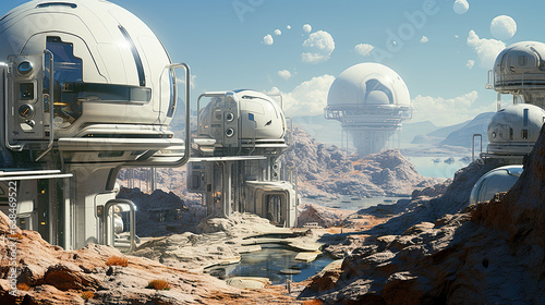 Futuristic buildings on a desert landscape, alien worlds
