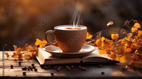 Cup of coffee and book with autumn leaves on wooden table.