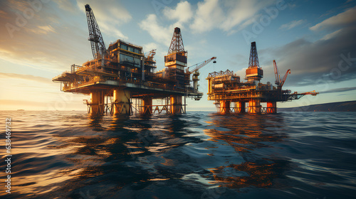 Oil and gas platform in the sea at sunset.