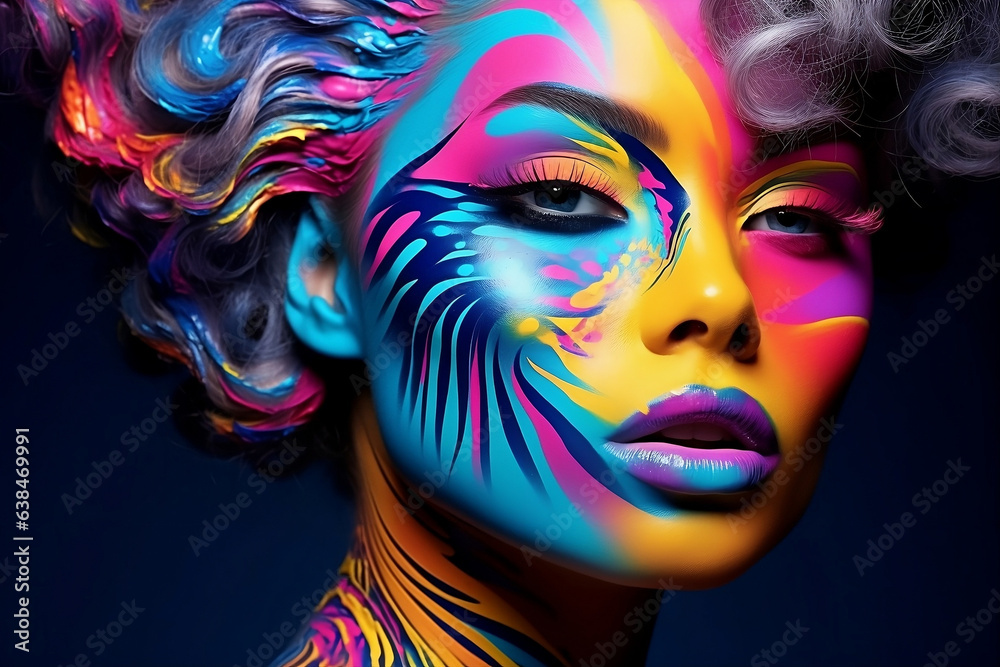 Fashion model woman face with fantasy art make-up. Bold makeup, glance Fashion art portrait, incorporating neon colors. Advertising design for cosmetics, beauty salon. Generative Ai content