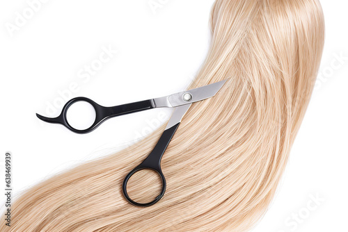Hairdresser's scissors with strand of blonde hair, generative ai.