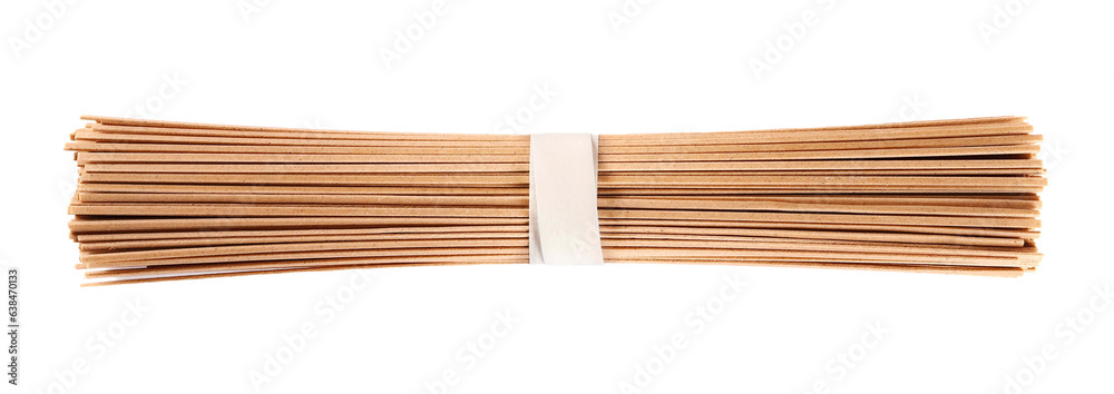 Soba noodles packing, buckwheat and wheat flour pasta isolated on white, top view Soba noodles packing, buckwheat and wheat flour pasta isolated on white, top view