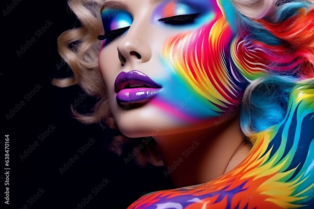 Fashion model woman face with fantasy art make-up. Bold makeup, glance Fashion art portrait, incorporating neon colors. Advertising design for cosmetics, beauty salon. Generative Ai content