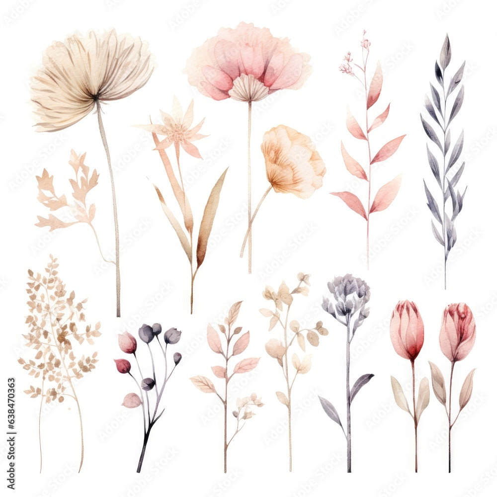 Set of watercolor dry flowers on white background. Generative AI - obrazy, fototapety, plakaty 