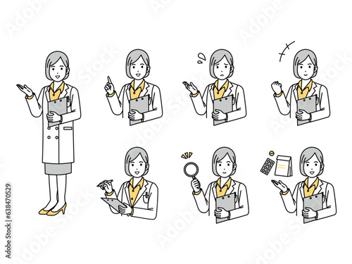 医師　白衣を着た女性のイラストセット