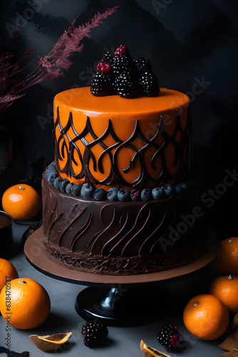 Exquisita tarta gótica recién hecha. Tarta de repostería para Halloween con adornos intrincados. Tarta de chocolate y naranja. creada con herramientas generativas de IA.